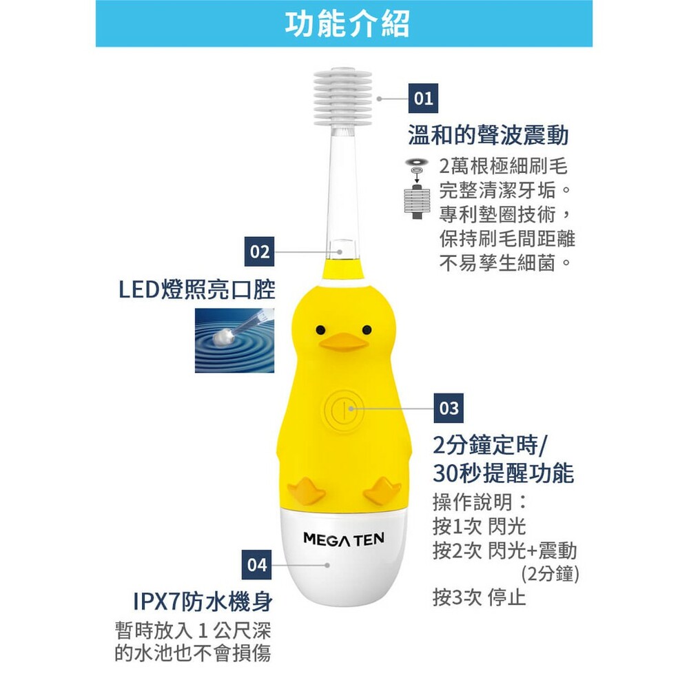 頂級款 Vivatec 創新升級‧5倍清潔力 Mega Ten 360度幼童電動牙刷(小鴨)-圖片-2