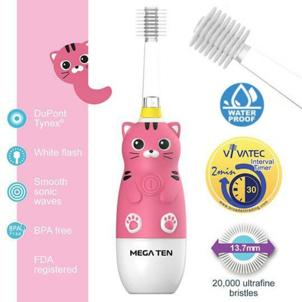 頂級款 Vivatec 創新升級‧5倍清潔力 Mega Ten 360度幼童電動牙刷(貓咪)-thumb