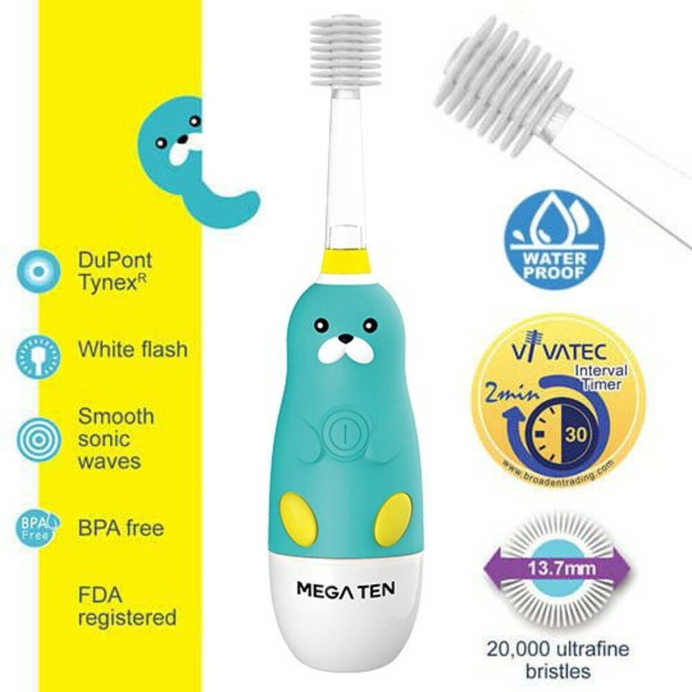 免運【頂級款】Vivatec創新升級‧5倍清潔力MegaTen360度幼童電動牙刷(海豹)