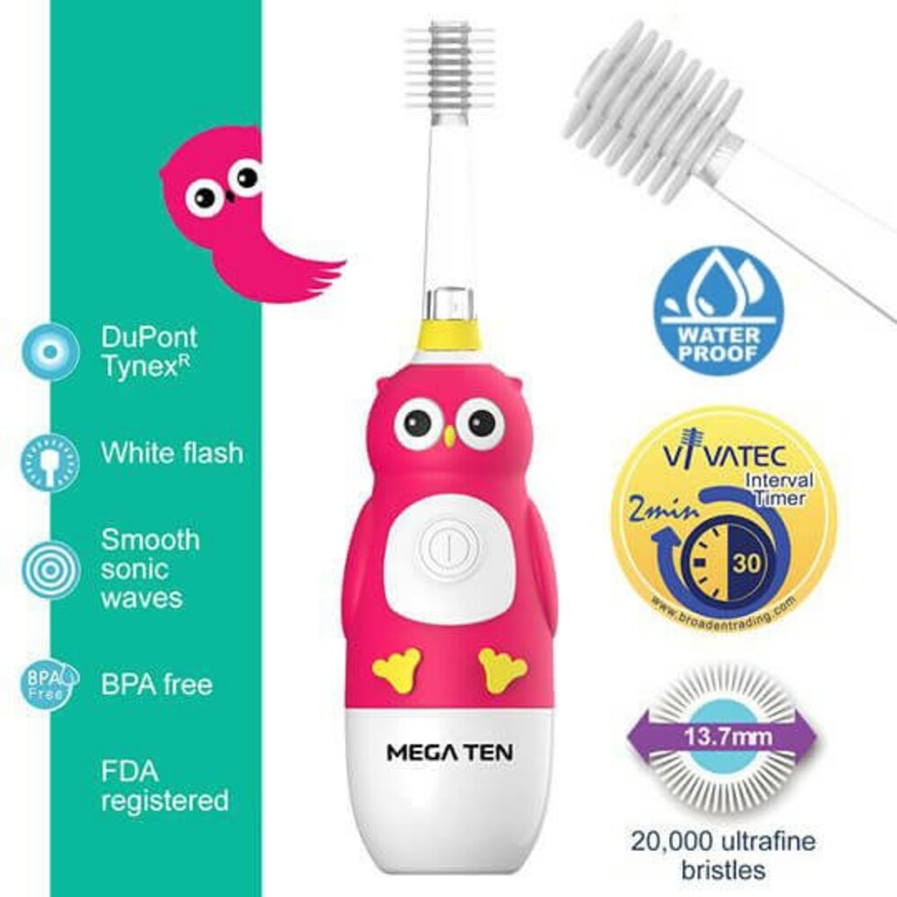 8809412180629-頂級款 Vivatec 創新升級‧5倍清潔力 Mega Ten 360度幼童電動牙刷(貓頭鷹)
